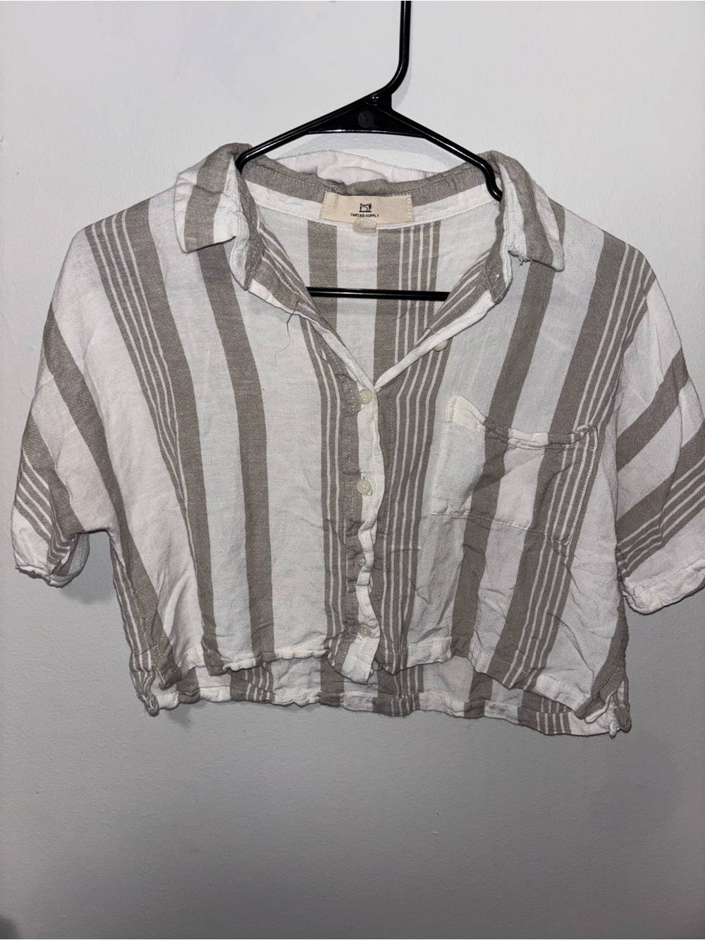 Thread & Supply Striped Cropped Button-Up in White and Taupe